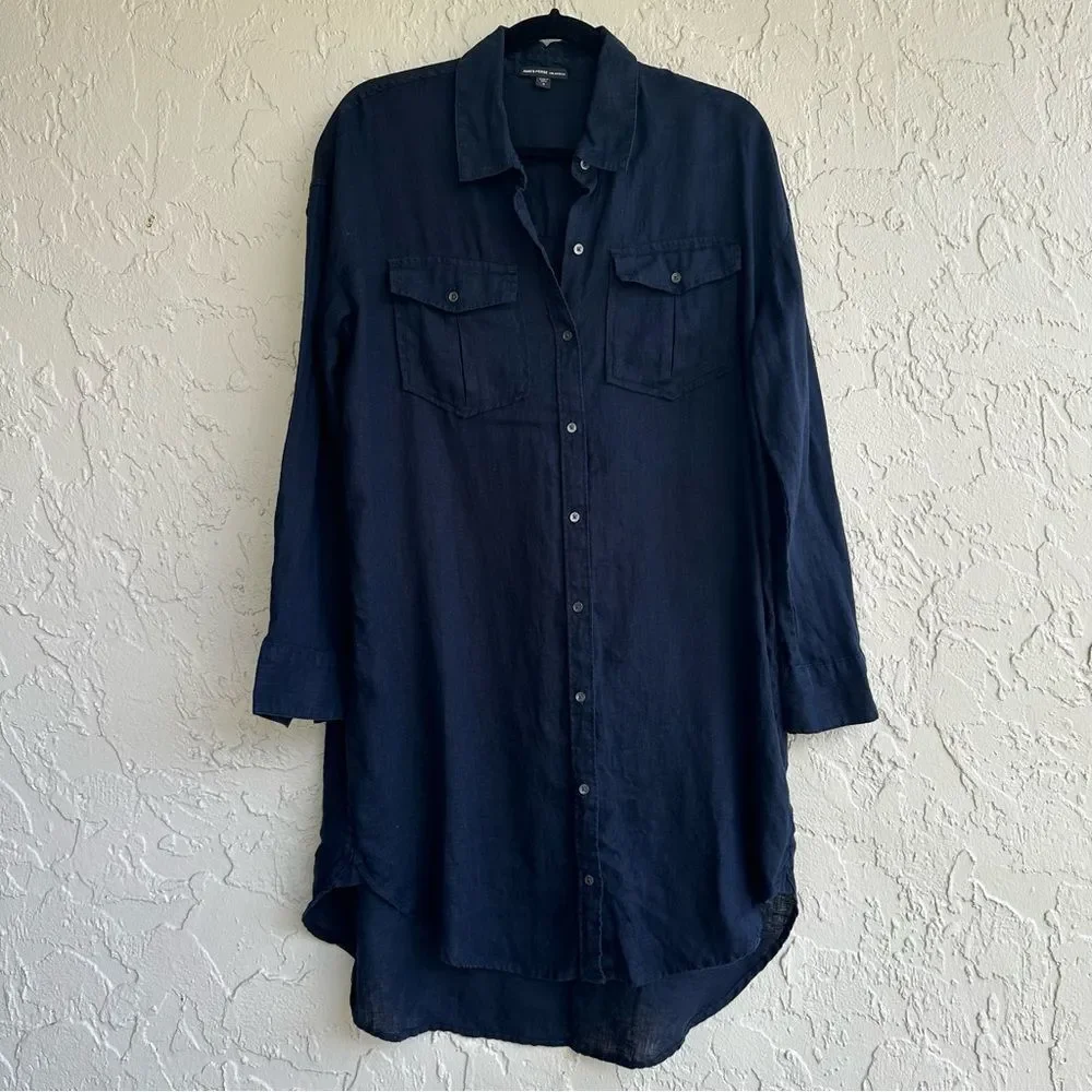 JAMES PERSE Linen Button Down Shirt Dress Medium Navy Blue Lightweight Relaxed
